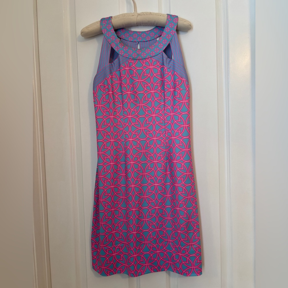 Gretchen Scott Designs Pink/Blue Geometric Halter Shift Dress. Size S Poly Blend